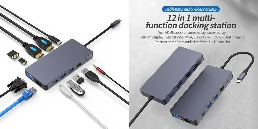 Extra Digital Adapteris USB Type-C - 2x HDMI, VGA, LAN, 3x USB Type-A, SD, TF, USB Type-C PD100W, Aux aprašymas - Prekės nuotrauka