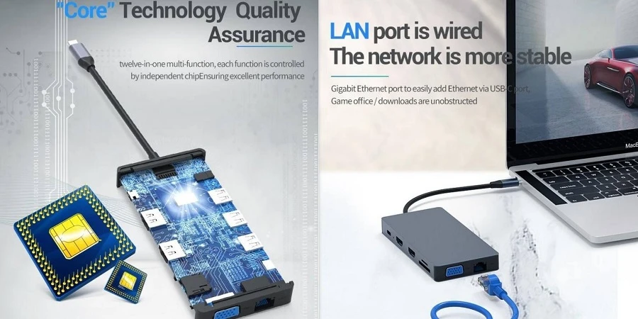 Extra Digital Adapteris USB Type-C - 2x HDMI, VGA, LAN, 3x USB Type-A, SD, TF, USB Type-C PD100W, Aux aprašymas - Prekės nuotrauka
