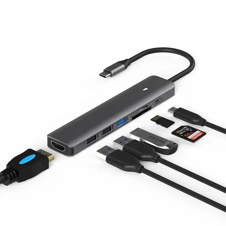 Extra Digital Adapteris USB Type-C - HDMI, 3x USB Type-A, SD, TF, USB Type-C PD100W aprašymas - Prekės nuotrauka