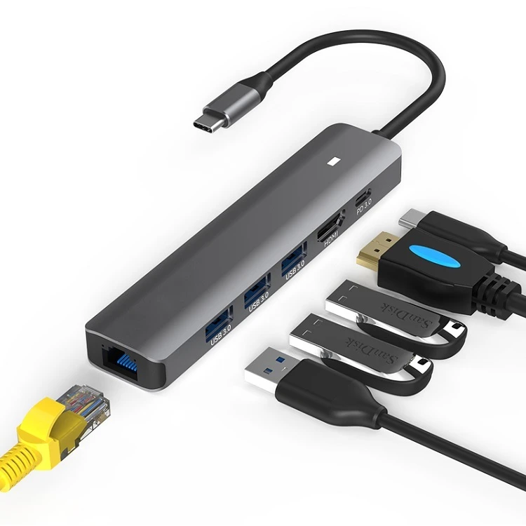 Extra Digital Adapteris USB Type-C - HDMI, LAN, 3x USB 3.0 Type-A, USB Type-C PD100W aprašymas - Prekės nuotrauka