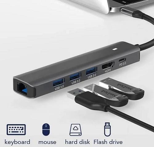 Extra Digital Adapteris USB Type-C - HDMI, LAN, 3x USB 3.0 Type-A, USB Type-C PD100W aprašymas - Prekės nuotrauka