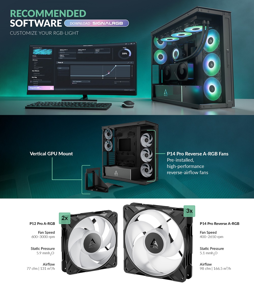 ARCTIC Premium E-ATX PC korpusas Xtender VG, juodas aprašymas - Prekės nuotrauka