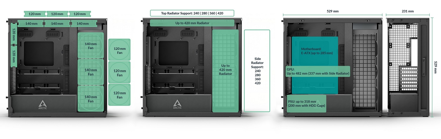 ARCTIC Premium E-ATX PC korpusas Xtender VG, juodas aprašymas - Prekės nuotrauka