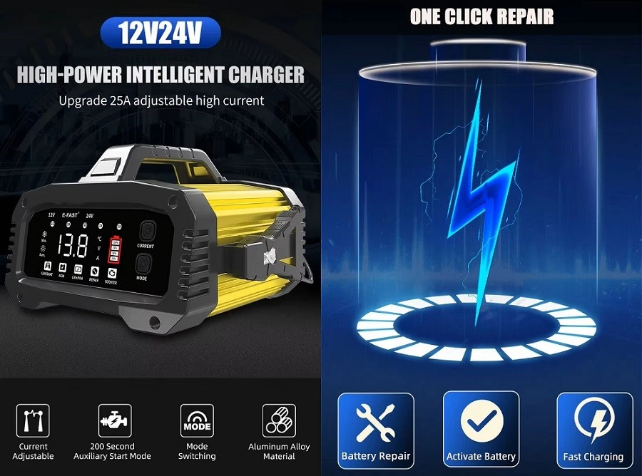 Hismart Automatinis švino rūgšties / LiFePO4 akumuliatoriaus įkroviklis, 12V 25A / 24V 15A aprašymas - Prekės nuotrauka