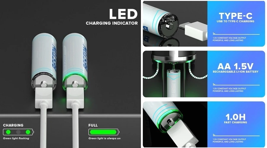 Hismart Baterijos AA įkraunamos su USB-C lizdu, 1460mAh, Li-Ion, 4 vnt. aprašymas - Prekės nuotrauka