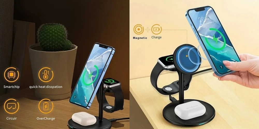 Belaidis įkroviklis CHOETECH, 15W, 3in1, magnetinis, juodas su stovu aprašymas - Prekės nuotrauka