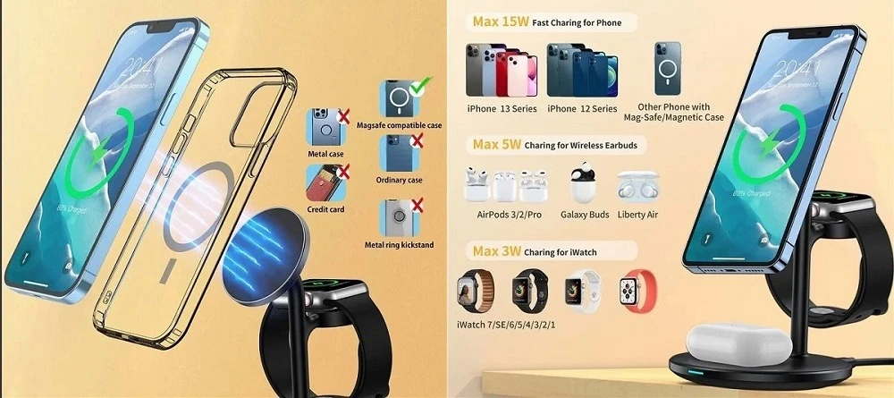Belaidis įkroviklis CHOETECH, 15W, 3in1, magnetinis, juodas su stovu aprašymas - Prekės nuotrauka