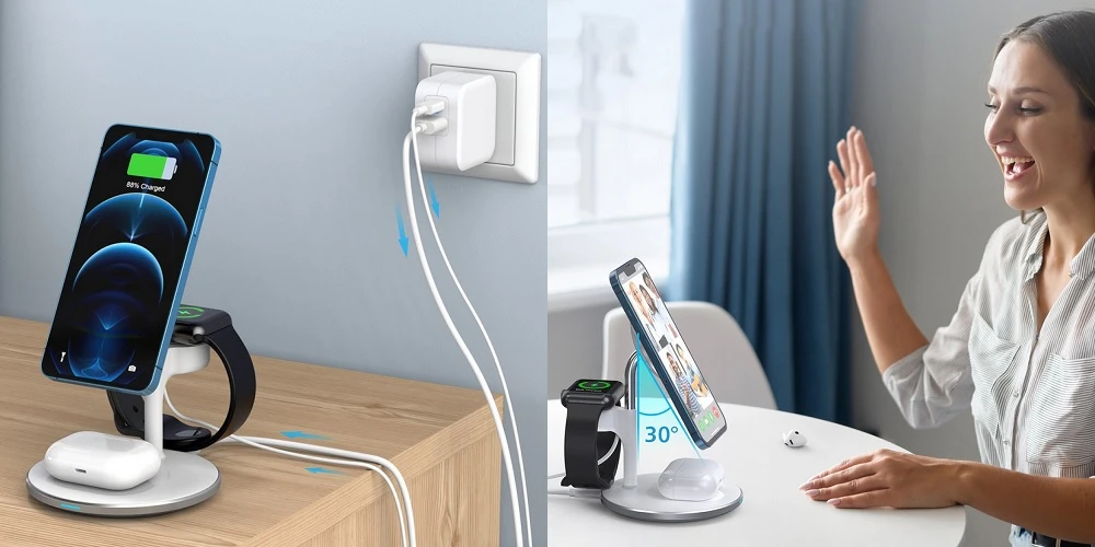 Belaidis įkroviklis CHOETECH, 15W, 3in1, magnetinis, baltas su stovu aprašymas - Prekės nuotrauka
