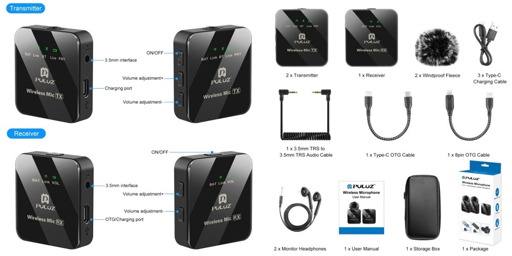 Puluz Bevielis skaitmeninis dvigubas mikrofonas, prisegamas, OTG USB Type-C, Lightning aprašymas - Prekės nuotrauka