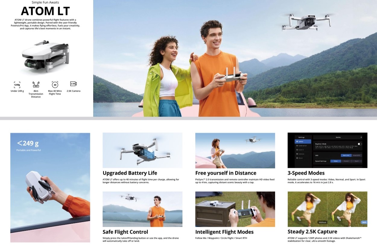 Dronas POTENSIC Atom LT su kamera 12Mp 2.5K aprašymas - Prekės nuotrauka
