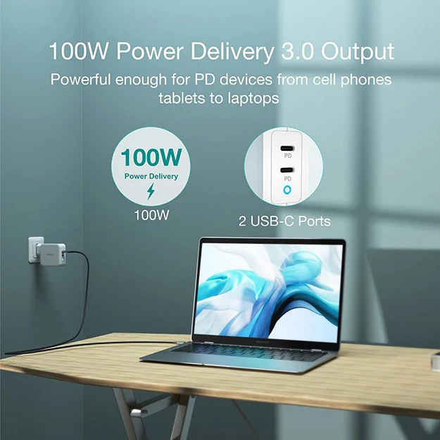 Kroviklis CHOETECH GaN 2xUSB Type-C: 100W, PD aprašymas - Prekės nuotrauka