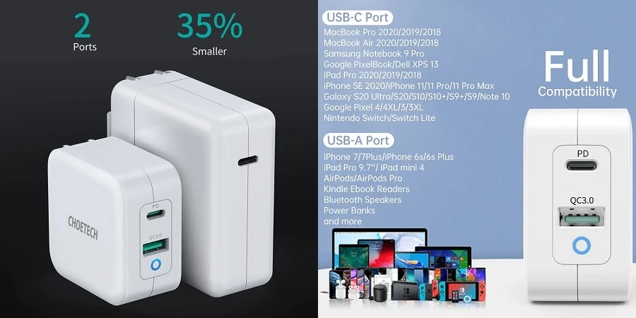 Kroviklis CHOETECH GaN USB Type-C, Type-A: 65W, PD, QC aprašymas - Prekės nuotrauka