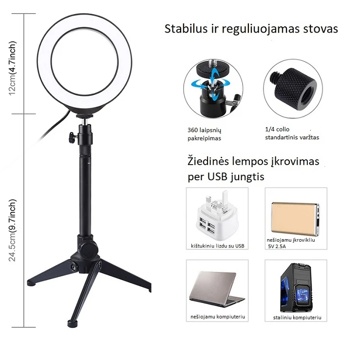 Puluz LED žiedinė lempa 12cm, su trikoju staliniu stovu iki 24.5cm, USB aprašymas - Prekės nuotrauka