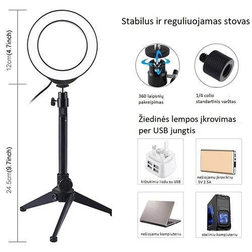 Puluz LED žiedinė lempa 12cm, su trikoju staliniu stovu iki 24.5cm, USB, RGBW aprašymas - Prekės nuotrauka