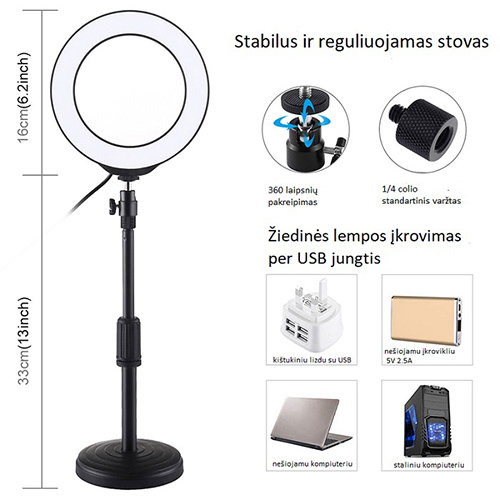 Puluz LED žiedinė lempa 16cm, su stovu 18-28cm, USB aprašymas - Prekės nuotrauka