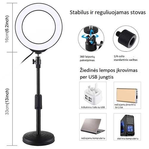Puluz LED žiedinė lempa 16cm, su stovu iki 33cm, USB, RGBW aprašymas - Prekės nuotrauka