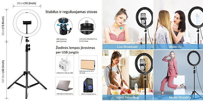 Puluz LED žiedinė lempa 26cm, su trikoju stovu iki 1.1m ir telefono laikikliu, USB aprašymas - Prekės nuotrauka