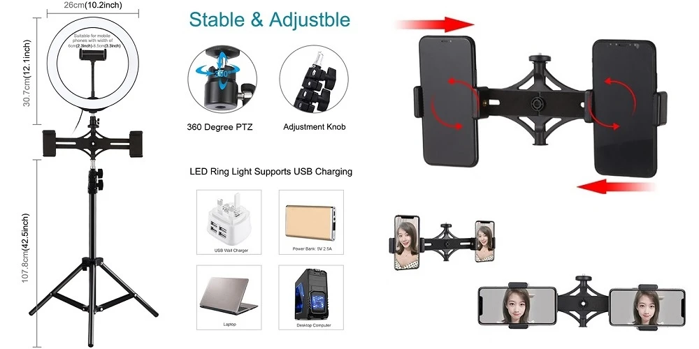 Puluz LED žiedinė lempa 26cm, su trikoju stovu iki 1.1m ir 3 telefono laikikliais, USB aprašymas - Prekės nuotrauka