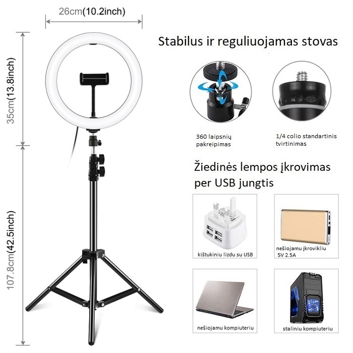 Puluz LED žiedinė lempa 26cm, su trikoju stovu iki 1.1m ir telefono laikikliu, USB aprašymas - Prekės nuotrauka