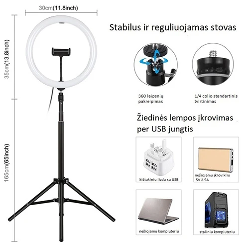 Puluz LED žiedinė lempa 30cm su trikoju stovu iki 1.65m ir telefono laikikliu, USB aprašymas - Prekės nuotrauka