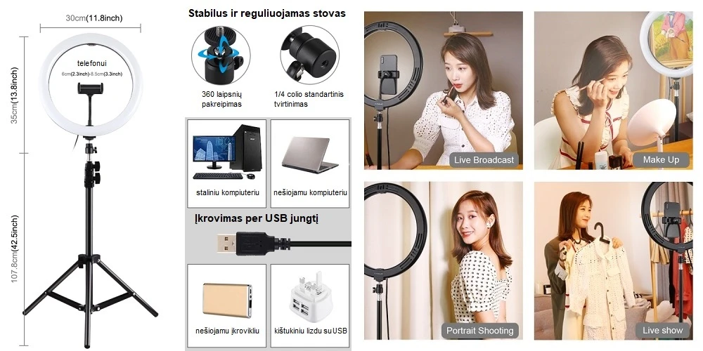 Puluz LED žiedinė lempa 30cm, su trikoju stovu iki 1.1m ir telefono laikikliu, USB aprašymas - Prekės nuotrauka