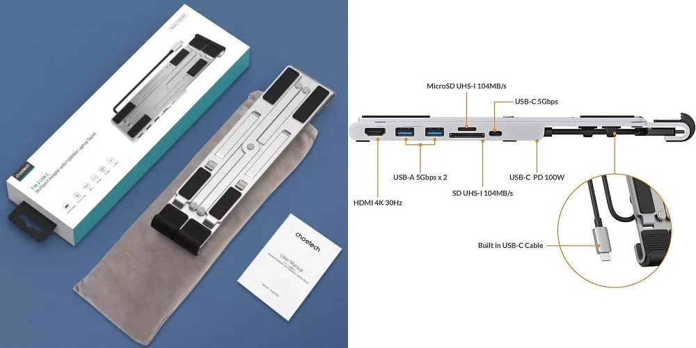 Nešiojamo kompiuterio stovas CHOETECH su 7 prievadų USB Type-C šakotuvu aprašymas - Prekės nuotrauka