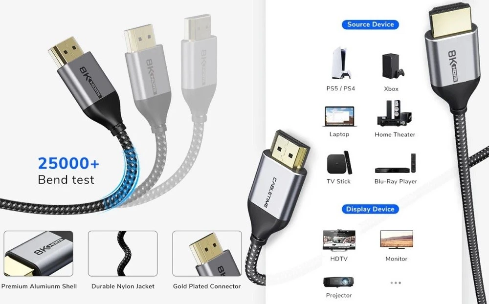 Cabletime Premium klasės kabelis HDMI - HDMI, 8K, UHD, 1m, 2.1 ver aprašymas - Prekės nuotrauka