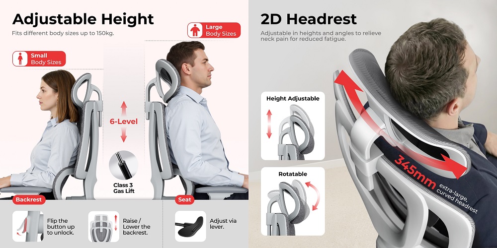 Lumivida Reguliuojama ergonominė biuro kėdė su galvos ir juosmens atramomis, juoda aprašymas - Prekės nuotrauka
