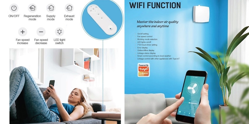 Hismart Rekuperatorius 46m2 patalpai, Wi-Fi, Tuya, su CO2 jutikliu, baltas aprašymas - Prekės nuotrauka