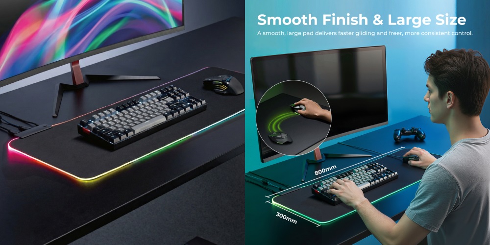 LUMI RGB pelės kilimėlis su USB šakotuvu 800x300 aprašymas - Prekės nuotrauka