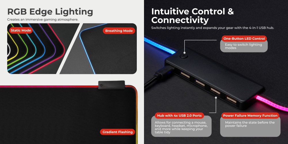 LUMI RGB pelės kilimėlis su USB šakotuvu 800x300 aprašymas - Prekės nuotrauka