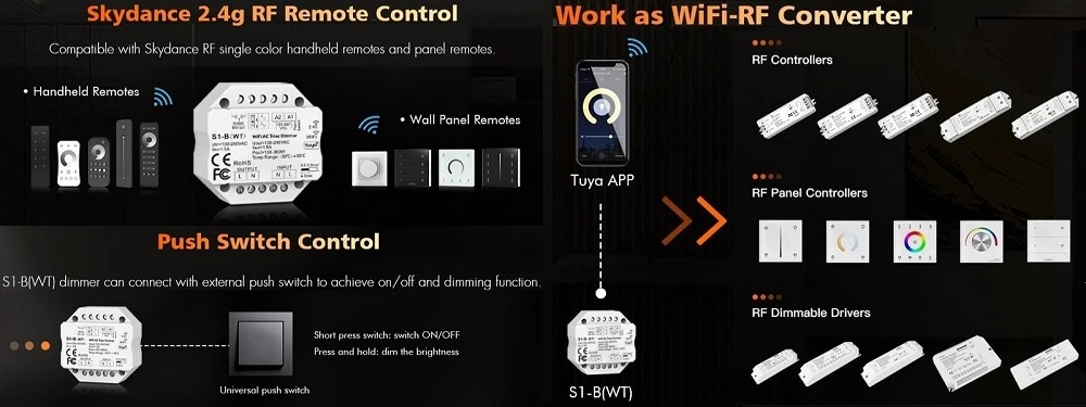 SKYDANCE S1-B(WT) vieno kanalo 230V valdiklis, TRIAC, Push-Dimm, Tuya, Wi-Fi aprašymas - Prekės nuotrauka