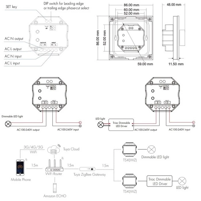 SKYDANCE TS-K(WZ) sieninis TRIAC valdiklis, 1 spalvos, Zigbee, Tuya aprašymas - Prekės nuotrauka