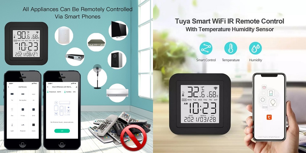 TUYA išmanusis IR pultelio valdiklis su temperatūros ir drėgmės jutikliais, Wi-Fi aprašymas - Prekės nuotrauka