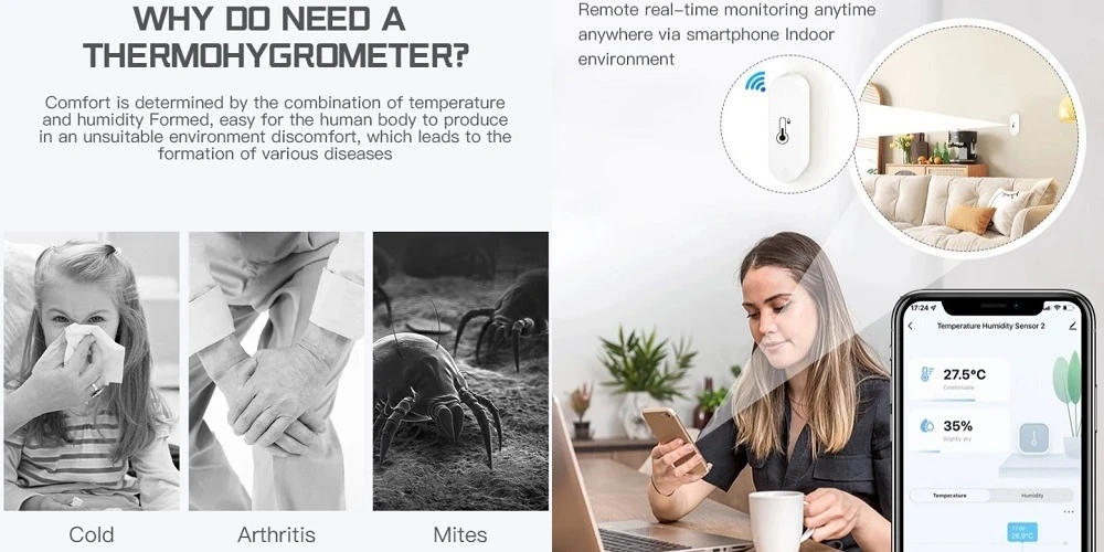 TUYA išmanusis temperatūros ir drėgmės jutiklis, Wi-Fi aprašymas - Prekės nuotrauka