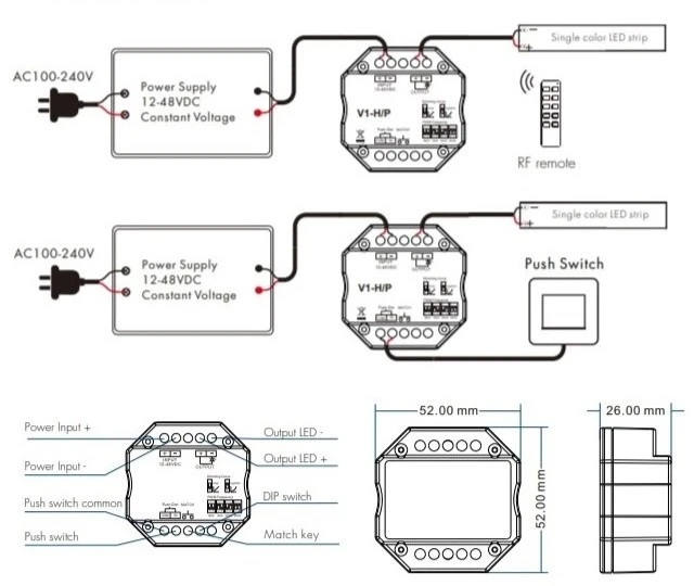 SKYDANCE V1-H/P nuolatinės įtampos valdiklis, 12-48V, 1x 8A, Push-Dimm aprašymas - Prekės nuotrauka
