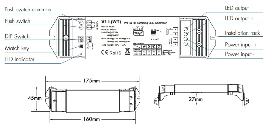 SKYDANCE V1-L(WT) nuolatinės įtampos valdiklis 12-48V, 1x15A, Push-Dimm, Tuya, Wi-Fi aprašymas - Prekės nuotrauka