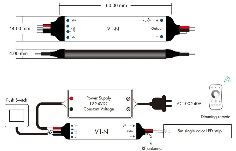SKYDANCE V1-N nuolatinės įtampos valdiklis 12-24V, 1x 3A, Push-Dimm aprašymas - Prekės nuotrauka