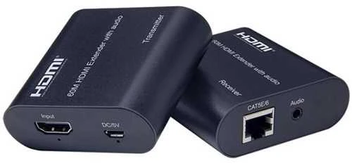 HDMI praplėtėjas: siųstuvas ir imtuvas su jungtimis