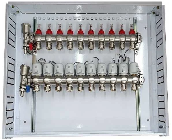 Hismart Grindinio šildymo kolektorius 10 kontūrų su terminėmis pavaromis NC AC230V ir debitomačiais