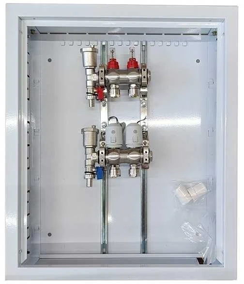 Hismart Grindinio šildymo kolektorius 2 kontūrų su terminėmis pavaromis NC AC230V ir debitomačiais