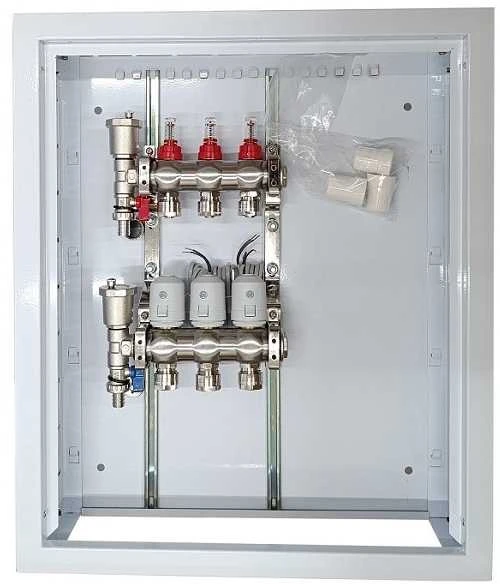 Hismart Grindinio šildymo kolektorius 3 kontūrų su terminėmis pavaromis NC AC230V ir debitomačiais