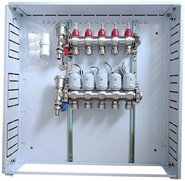Hismart Grindinio šildymo kolektorius 5 kontūrų su terminėmis pavaromis NC AC230V ir debitomačiais