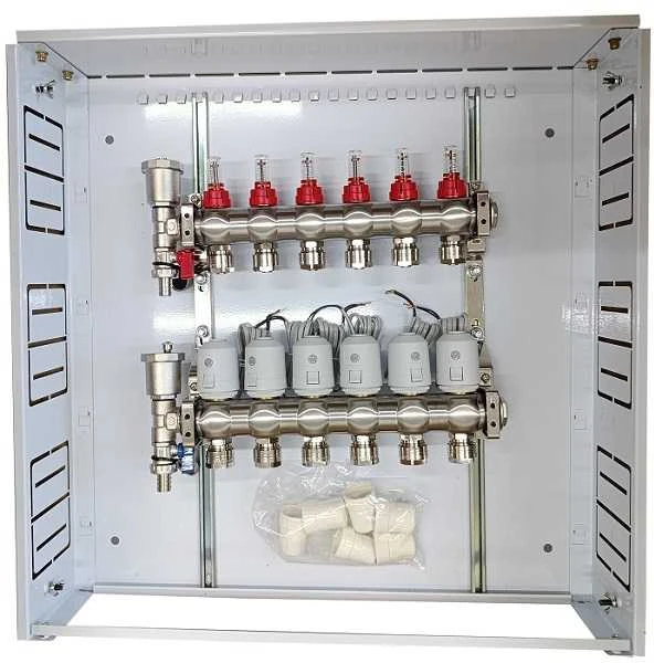 Hismart Grindinio šildymo kolektorius 6 kontūrų su terminėmis pavaromis NC AC230V ir debitomačiais