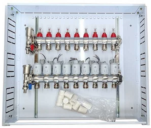 Hismart Grindinio šildymo kolektorius 9 kontūrų su terminėmis pavaromis NC AC230V ir debitomačiais