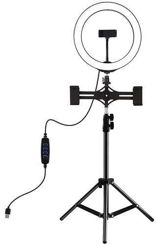 Puluz LED žiedinė lempa 26cm, su trikoju stovu iki 1.1m ir 3 telefono laikikliais, USB
