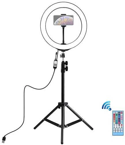 Puluz LED žiedinė lempa 26cm, su trikoju stovu iki 1.1m ir telefono laikikliu, USB