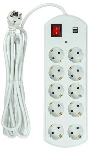 Šakotuvas EXD Buitinis ilgiklis 5m, 10 lizdų, 2x USB, su jungikliu