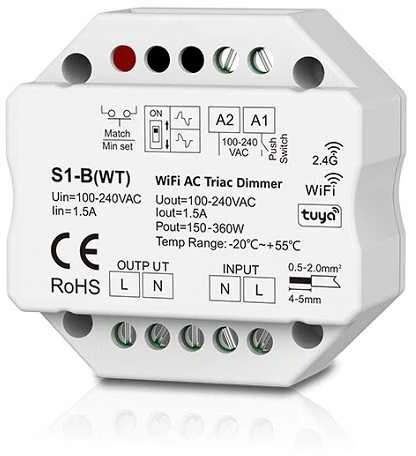 SKYDANCE S1-B(WT) vieno kanalo 230V valdiklis, TRIAC, Push-Dimm, Tuya, Wi-Fi