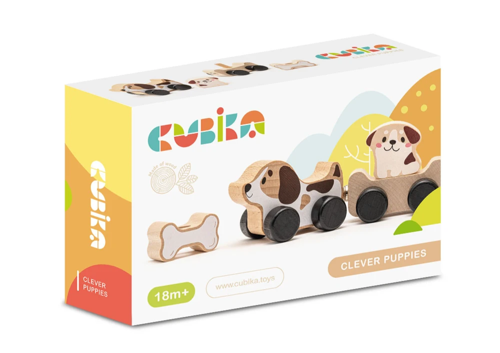 Cubika Medinis žaislas Šuniukai su ratukais